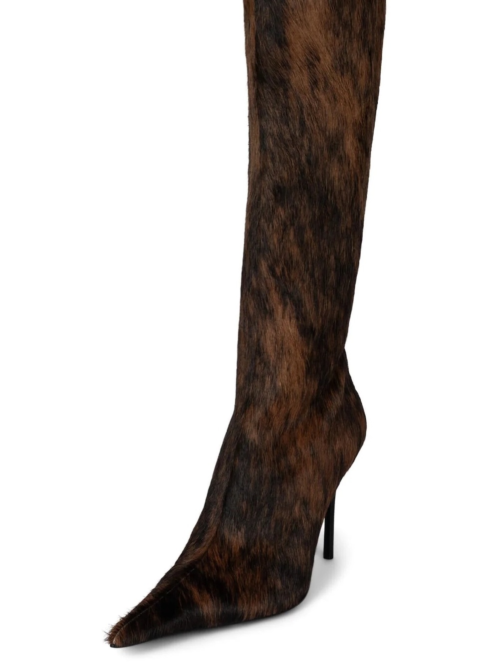 Cow Hide Pony Hair Pointed-Toe Stiletto Knee-High Boot - Brown Black Tan - Picture 2 of 3